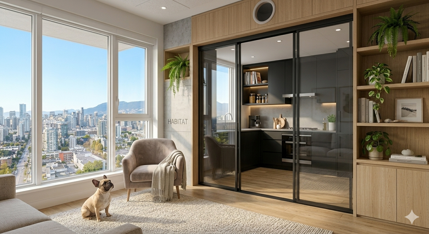 Corgi Space living room with closed kitchen