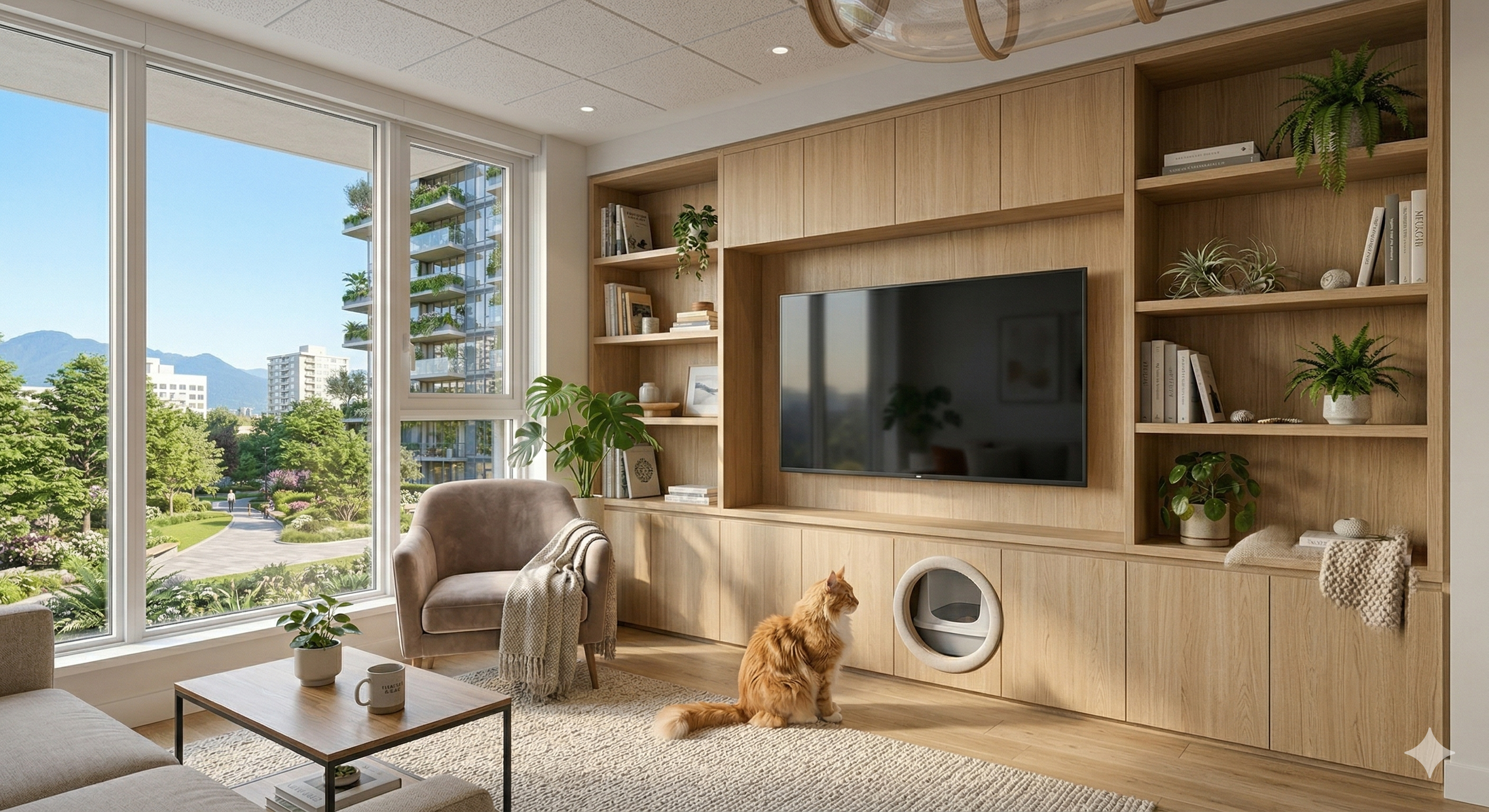 Meow Starter living area with hidden cat cabinet