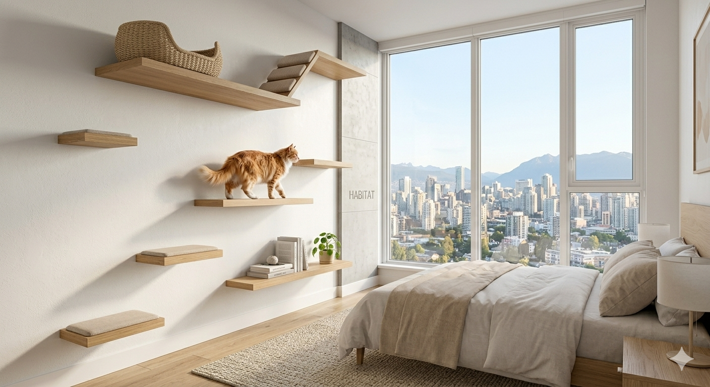 Meow Starter bedroom with cat wall steps